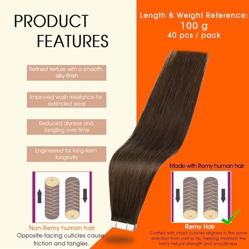 Image of Full Shine Brown Tape in Extensions Color 4 Medium Brown Remy Tape ins Human Hair Extensions 20Inch Double Sided Adhesive Extension 100G 40Pcs Long Straight for Natural Look