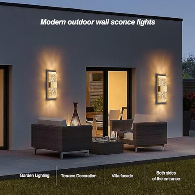 Dusk to Dawn Outdoor Lighting Fixture Wall Mounted - 14.2'' Waterproof Wall Sconce with 12W LED Bulbs Crystal Modern Outside Wall Lamp for Hallway Doorway Porch Patio Backyard, Gold, 2PCS