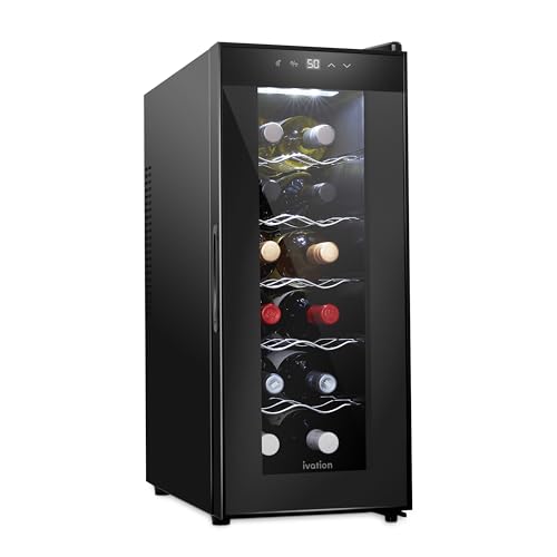 Ivation 12 Bottle Red And White Wine Thermoelectric Wine Cooler/Chiller Counter Top Wine Cellar with Digital Temperature Display, Freestanding Refrigerator Smoked Glass Door Quiet Operation Fridge