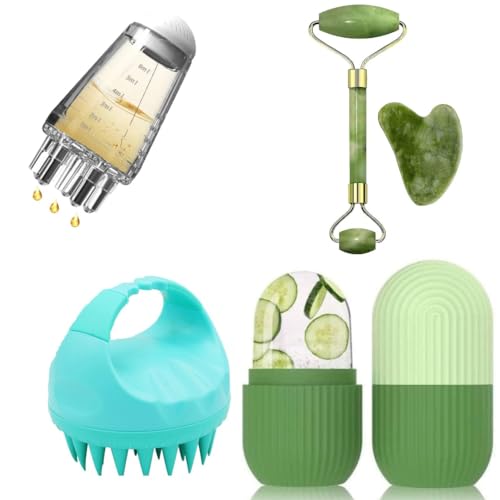 Image of Scalp Oil Applicator, Jade Roller & Gua Sha Combo - Ice Face Roller & Silicone Shampoo Brush - Dandruff Relief & Circulation Boost(4PCS)