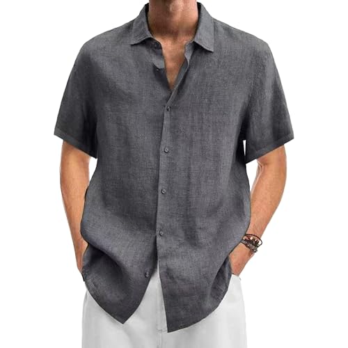 Men V-Neck Fashion Cardigan Tops Summer Button Cotton Linen Solid Shirt Casual T Shirt Suitable for All Occasions (Dark Grey,XX-Large)