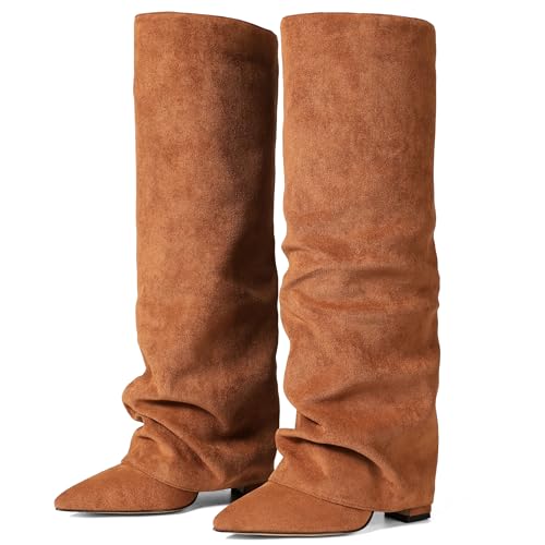 Brown Suede Boot Women Knee High Chunky Heeled Shark Boots Wide Calf Fold...