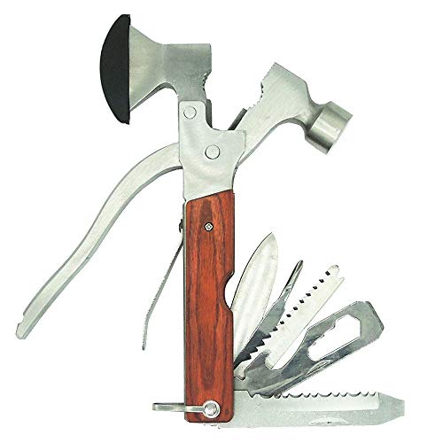 PEYOND Portable Multipurpose Multitool Camping Hatchet Survival Hammer Wood Inlay Handle Metal Outdoor Gadgets Axe Gift for Men Women