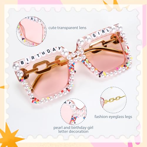 Hoteam 4 Pcs Birthday Decorations Including 2 Pcs Birthday Glasses Square Pearl Sunglasses 2 Pcs Pearl Rhinestone Birthday Headband for Women Girls Party Gifts Accessories4