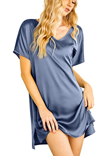 Ekouaer Women's Short Sleeve Satin Nightshirt V Neck Side Split Satin Sleep Shirt Plus Size Silky Nightgown (Gray Bluexx-Large) #TOP19