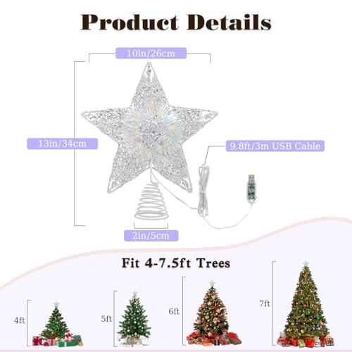 Lewondr Christmas Tree Topper, 3D Glitter Star Tree Topper with 30 LEDs & Remote Control, 8 Lighting Modes, Auto Timer, USB Powered, Christmas Tree Decoration for Home Party, Silver by Lewondr - Image 6