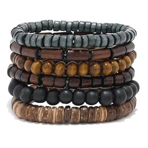 Eigso 6Pcs Wooden Beads Cuff Bracelets for Women Men Unisex Tibetan Buddhist Wrap Wood Wristband Bangle for Woman Man