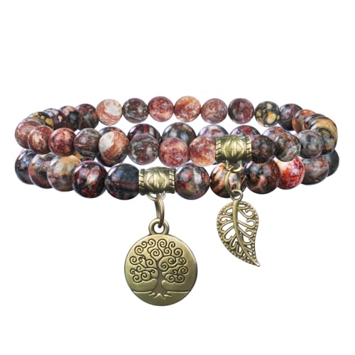 Alaoo - Alaoo Bracelet en Pierre Naturelle, Bracelet en Pierre de Cristal 8 mm Bracelet Spirituel en Pierres Précieuses avec Accessoires Arbre de Vie et Feuille pour Relaxation, C