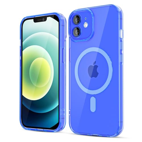 LoeoeL for iPhone 12 Case Clear Mag Safe, Magnetic Transparent TPU Silicone Compatible with Magsafe Phone Case for Women, Slim Thin Glossy Non-Yellowing Bright Hard Plastic, Neon Blue