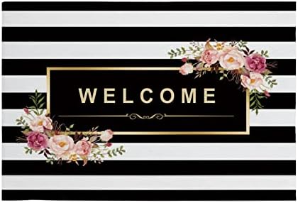 Indoor Doormats Non-Slip Door Mats Welcome Black and White Stripes Flower Printing Soft Absorbent Floor Mats, Low-Profile Doormats for Entryway, Front Door, Back Door 15.7x23.6 in