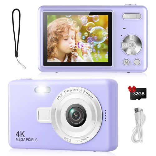 Digital Camera - 1080P FHD 44MP with 2.4 LCD Screen Compact Portable Vlogging Photo Camera with 32gb SD Card 16X Digital Zoom for Kids Teen Students Beginner (Upgrade Purple)