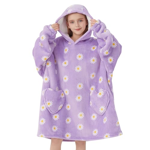 Wearable Blanket Hoodie for Kids Oversized Sherpa Blanket Hoodie for Kids Boys Girls Teens 6-13YR Daisy