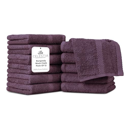 Image of Villa Celestia Cotton Washcloths Set of 12, 12x12 Inch, 100% Ring-Spun Combed Cotton, Soft Absorbent Quick-Dry Wash Cloths for Face and Body, Oeko-TEX Certified, Hotel & Spa Quality, Burgandy
