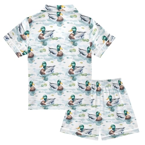 ALAZA Green Duck Water Satin Pajamas Set Short Sleeve Button Down Sleepwear Summer Pjs 2 Piece2