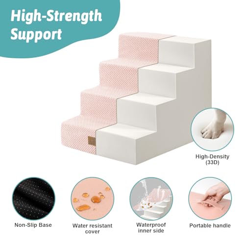 Image of COZY KISS Dog Stairs for Small Dogs, 17.7 inch Extra Wide Right-Angle Pet Stairs for Couch and Beds, Anti-Slip Dog Steps for Old Cats and Lowrider, 17.7x23.6x17.7 inch, Pink