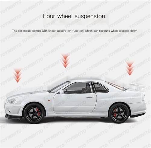 Image of 1:24 Nissan GT R34 Skyline Die-Cast Car Toy - Alloy Pullback Model with Lights, Sound & Opening Doors - Realistic Sports Car Toy for Kids & Collectors White