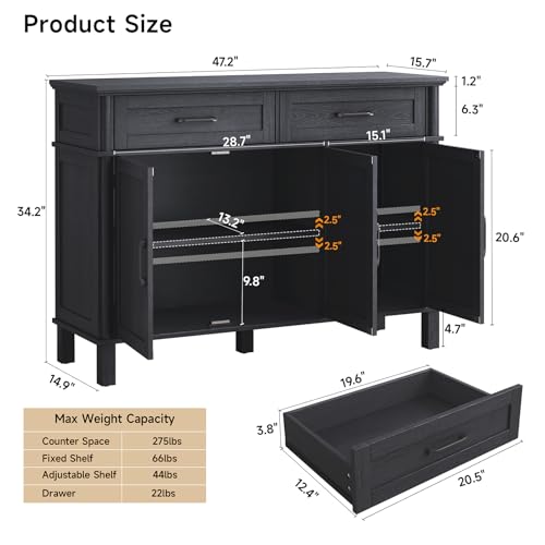 Image of ONBRILL 48 Inches Buffet Cabinet with Storage, Farmhouse Sideboard Buffet w /2 Drawers and 3 Doors, Wood Coffee Bar Cabinet with Adjustable Shelves, Sideboard Storage for Kitchen, Living Room, Black