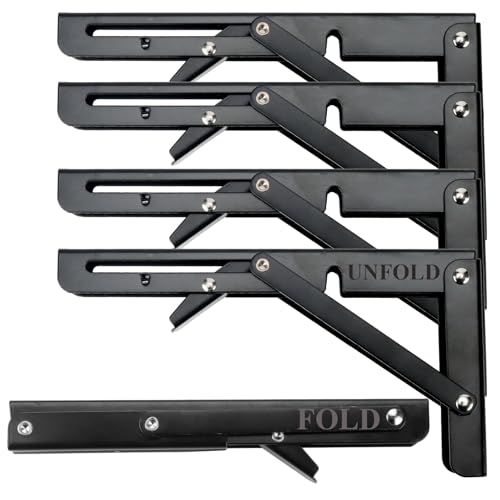 ZOENHOU 4 PCS 8 Inch Folding Shelf Brackets, Heavy Duty Shelf Brackets with Mounting Hardware, Metal Black Triangle Bracket for Bench Table, Wall Mounted Shelving Bracket, 50kg Load Capacity