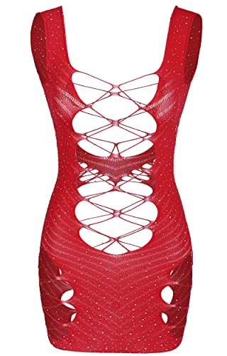 RSLOVE Lingerie Femme en Résille Nuisette Hot Chaude Lingerie Sexy Nuisette sans Manches Rouge Taille Unique Cover