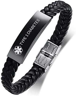 PJ JEWELLERY Stainless Steel Braided Leather Medical Alert Bracelet Customise Diabetic ID Bracelet for Men's,SOS Emergency Life Awareness Bracelet,Adjustable