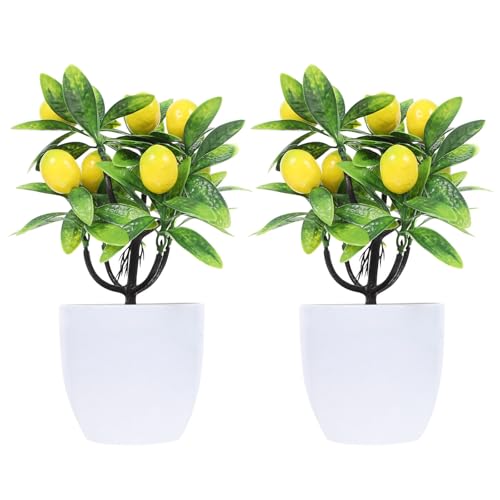 SHINEOFI Planta Artificial Decorativa de Limón 2 Piezas, Bonsái Falso Pequeño en Maceta, Decoración para Hogar, Cocina y Oficina, sin Mantenimiento, Colores Vivos y Realistas