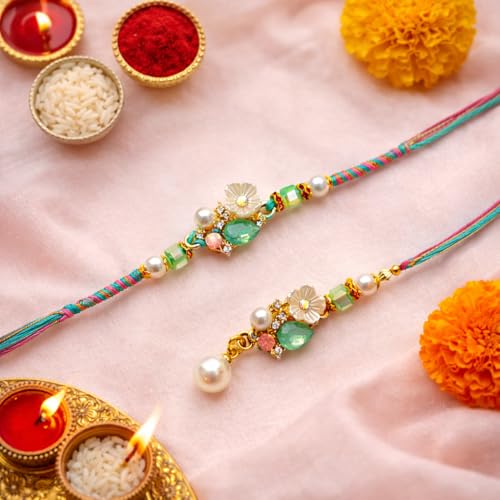 Image of I Jewels Traditional Floral Pearl Bhaiya Bhabhi Rakhi Combo with Lumba Rakhi Roli Chawal & Raksha Bandhan Card for Brother Bhabhi (R508CO)