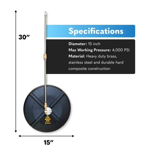 EDOU Direct Pressure Washer Surface Cleaner 15" | Stainless Steel | Heavy Duty | 4,000 PSI Max Working Pressure | includes: 2 Pressure Washer Extension Wand Attachments, Pressure Washer Accessories - Thumbnail 3