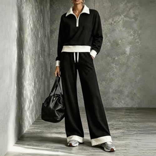 Houjibfa 2 Piece Sweatsuits For Women Color Block Tops Wide Leg Pants Set - image 3