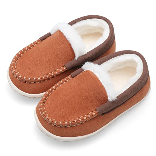 Scurtain Toddler Boys Slippers Girl Slippers Faux Suede Loafer for Boys Kids Shoes Brown Size 8.5