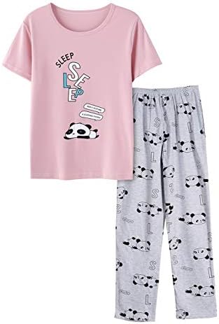CYCHELRY Big Girls Cute Pajama Set Cartoon Print Short Sleeve and Long Pants Pink Jammies Set for Size 12-18 (10, Pink)