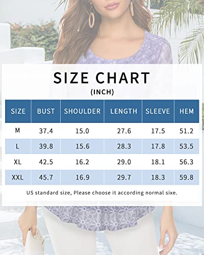 Valolia Womens Tunic Tops Dressy Casual, Women's 3/4 Sleeve Tops And Blouses For Work Layered Chiffon Shirts For Women Office Tops Floral Tunic Shirts For Legging For Women Multicolor Violet Medium #TOP5