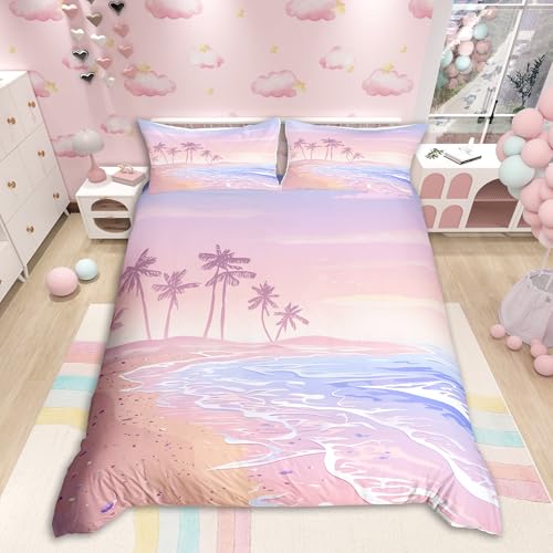 Homewish Pink Beach Duvet Cover Set Twin Size,Kids Girls Romantic Hawaii Ocean Style Bedding Set Teens Lover Room Decor,Palm Tree Comforter Cover Girly Summer Quilt Cover,1 Pillowcase,(No Comforter)