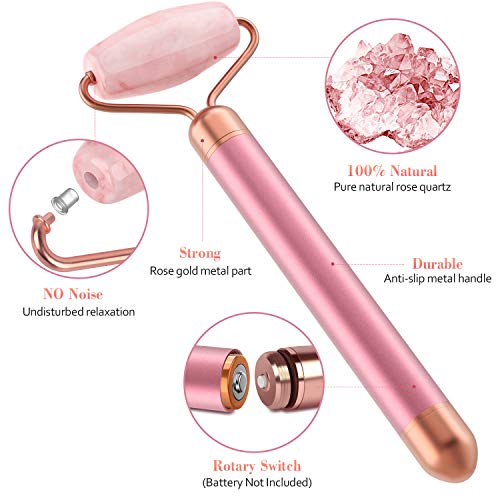 Rolo de jade vibratório para rosto – Massageador elétrico 2 em 1, massageador de rolo de quartzo ros