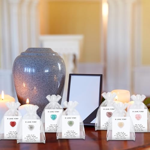 Humyoun 50 Sets Celebration of Life Favors Pocket Hearts Token Bulk Cards Heart Shape Natural Stones Organza Bags Sympathy Gifts for Memorial Party Supply Funeral Guest Return Favors (White)