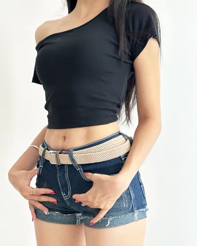 2 Pack 1'' Narrow Width Elastic Belt, Stretch Braided Skinny Fabric Woven Women or Girl Jeans Dress Casual Belt3