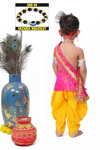 Image of Krishna Dress for Kids, Baby Krishna Dress for Janmashtami with Krishna Mukut, Peacock Feather & Flute Embroidered Krishna Costume for Girl & Boy, 3 Months-8 Years
