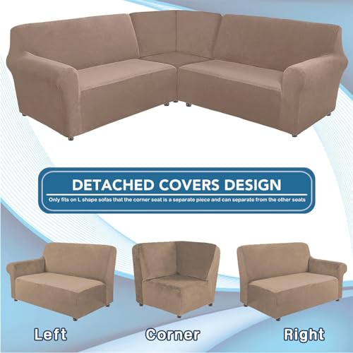 Housse de canapé d'angle en velours taupe 5 places extensible