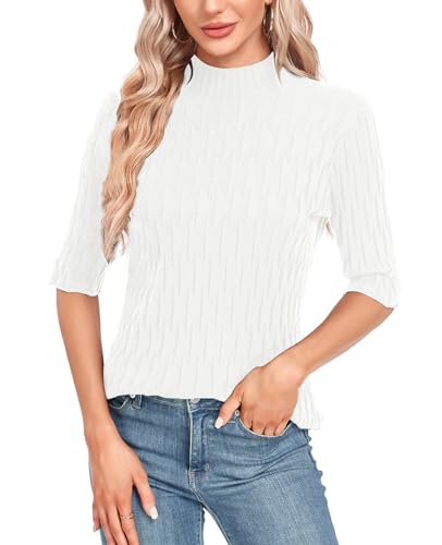Image of MINTLIMIT Womens Turtleneck Sweaters Short Sleeve 2024 Fall Winter Casual Texture Shirt Blouse Knit Pullover Sweater