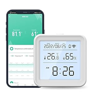 WiFi Thermometer Hygrometer, WiFi Temperature Humidity Sensor with Backlit LCD Screen & App Alerts，Indoor Thermometer Hygrometer Compatible with Alexa Google Assistant