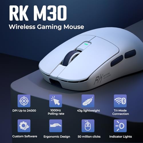 Image of RK ROYAL KLUDGE M30 Wireless Gaming Mouse,Ultra-Lightweight, PAW3311 Sensor, /Bluetooth /USB-C Rechargeable Wireless Mouse with Programmable Buttons for PC /Mac, White
