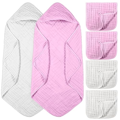 Image of VitalCozy 6 Pcs Baby Muslin Hooded Bath Towels and Washcloths, Muslin Hooded Baby Towels Absorbent Blankets for Gift Newborn Infant Shower (White,Pink)