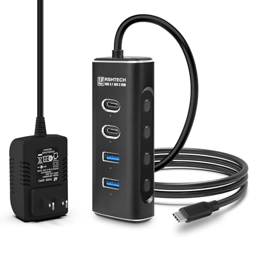 RSHTECH USB ハブ 3.2 gen2 4ポート10Gbps高速転送 USBポート増設 USB-C Hub セルフパワー・バスパワー 選べる給電方式 5V/2A電源アダプター付き OTG機能対応 過充電保護 USB作動LEDライト搭載 高放熱 アルミ Android/Windows/MacBook/Surface等対応