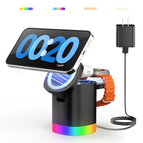 JoyGeek 3-in-1 Charger Stand for Magsafe: Foldable Wireless Charging Station with Night Lights - Magnetic Charger Dock for iPhone 15/14/13/12 Pro/Max/Plus, AirPods, Apple Watch 2-9/Ultra (Black)
