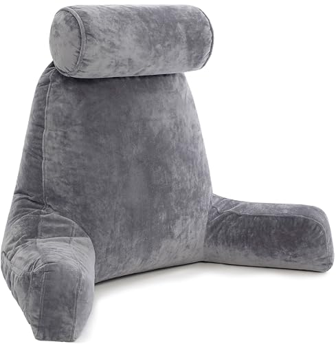 Husband Pillow - Dark Grey, Big Backrest Reading Bed Rest Pillow with Arms, Plush Memory Foam Fill, Remove Neck Roll Off Bungee, Change Covers, Zipper On Shell of Bed Chair for Adjustable Loft