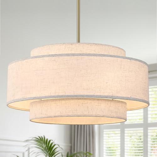 MeiShiDeng 19.7" Modern Gold Drum Chandelier, 4-Light 3-Tier Fabric Linen Shade Farmhouse Pendant Light for Dining Room Kitchen Island Foyer Bedroom