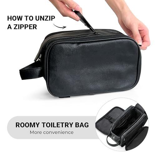 Elviros Toiletry Bag for Men, Large Travel Shaving Dopp Kit Water-resistant Bathroom Toiletries Organizer PU Leather Cosmetic Bags (Medium, Black)