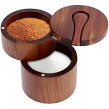 Acacia Wood Salt and Pepper Bowl, Double Layer Salt Cellar Box, Pepper Storage Box, Magnetic Rotatable Seasoning Container with Built in Spoon for Seasonings Spices