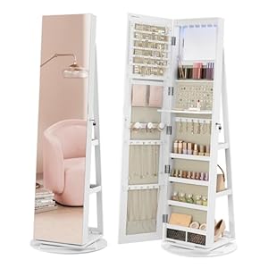 SONGMICS Schmuckschrank, Spiegelschrank, mit rahmenlosem Ganzkörperspiegel, 3 Ablagen, 360° drehbar, abschließbar, Oberfläche in Weiß, Innenfutter in Greige JJC007W02