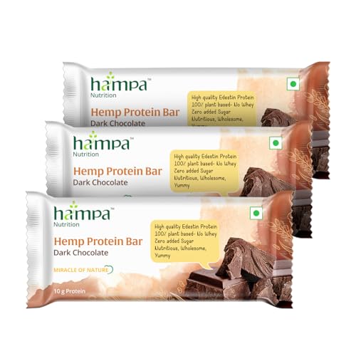 Image of Hampa Hemp protein Bar 50g | Dark Chocolate Flavour | 10g Plant Protein | No Whey, Vegan Friendly | No Added Sugar, Sweetened with Dates | Anytime Snack with Edestine Protein | Pack of 3