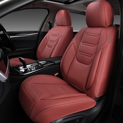 Image of TIEHESYT Leather Seat Covers Front Pair with Lumbar Support, Breathable and Waterproof Car Seat Cover, Universal Seat Covers for Cars, Trucks, SUVs, Sedans, Pickups, Airbag Compatible, Martha Red